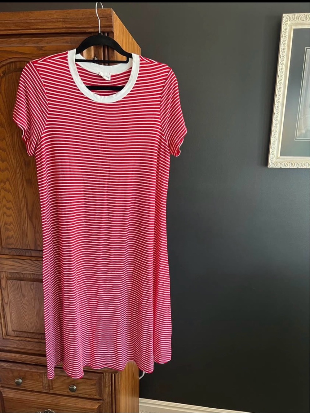 Striped Red&White Swing T Shirt Dress with White Trim L